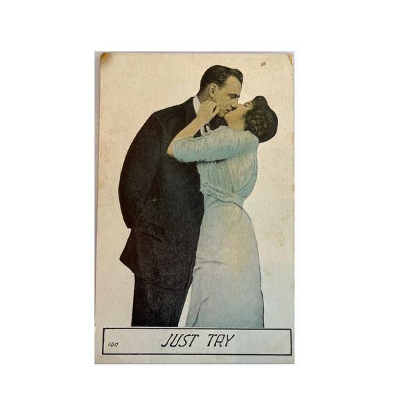 Antique Early 1910s/20s Ephemera Valentine Postcard Couple Kissing “Just Try” - Picture 2 of 6